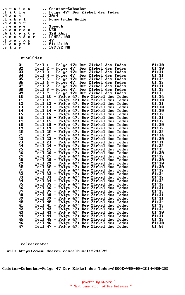 NFO for the release Geister-Schocker-Folge_047_Der_Zirkel_des_Todes-ABOOK-WEB-DE-2014-MONGOS by MONGOS