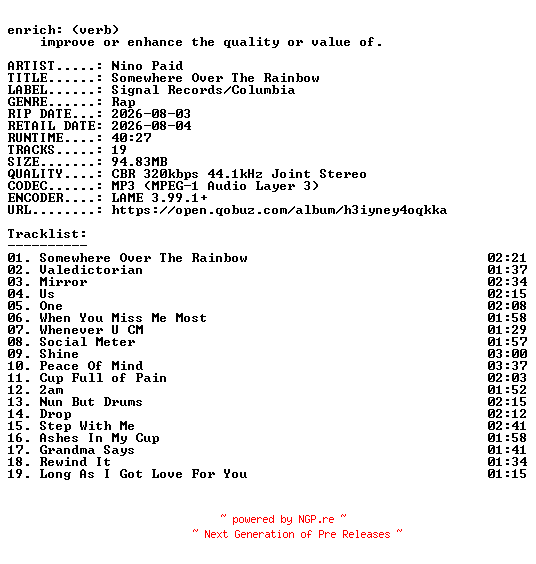 NFO for the release Nino_Paid-Somewhere_Over_The_Rainbow-WEB-2026-ENRiCH by ENRiCH