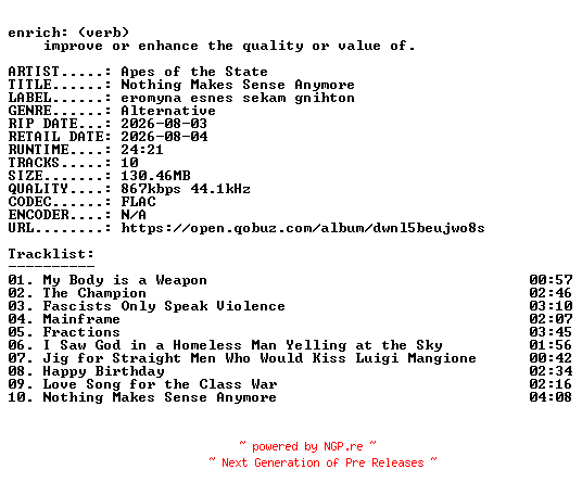 NFO for the release Apes_of_the_State-Nothing_Makes_Sense_Anymore-16BIT-WEB-FLAC-2026-ENRiCH by ENRiCH