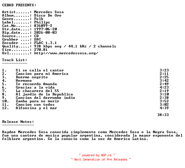 NFO for the release Mercedes_Sosa-Disco_De_Oro-(836099-2)-ES-REISSUE-CD-FLAC-1997-CEBAD by CEBAD