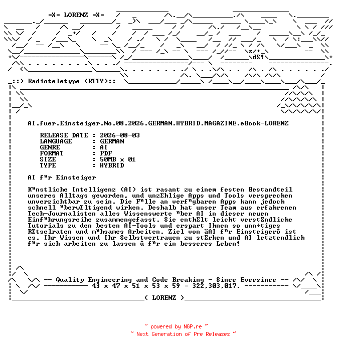 NFO for the release AI.fuer.Einsteiger.No.08.2026.GERMAN.HYBRID.MAGAZINE.eBook-LORENZ by LORENZ