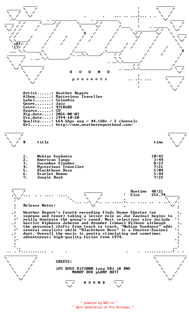 NFO for the release Weather_Report-Mysterious_Traveller-(4718602)-REMASTERED-CD-FLAC-1994-HOUND by HOUND