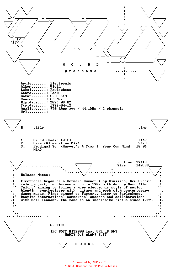 NFO for the release Electronic-Vivid-(CDRS6514)-CDM-FLAC-1999-HOUND by HOUND