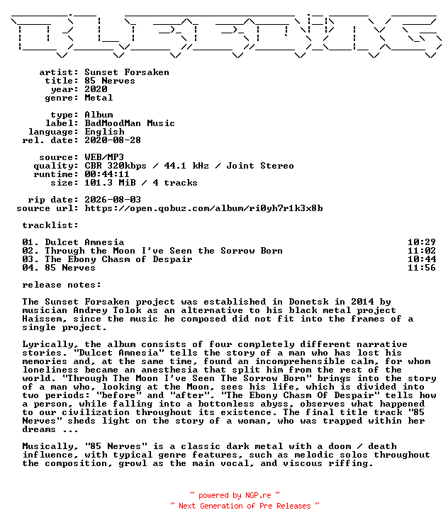 NFO for the release Sunset_Forsaken-85_Nerves-WEB-2020-BLEEDiNG by BLEEDiNG