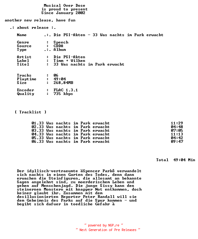 NFO for the release Die_PSI-Akten-33_Was_Nachts_Im_Park_Erwacht-DE-Audiobook-CD-FLAC-2026-MOD by MOD