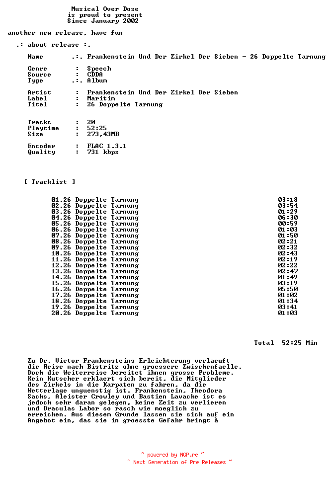 NFO for the release Frankenstein_Und_Der_Zirkel_Der_Sieben-26_Doppelte_Tarnung-DE-Audiobook-CD-FLAC-2026-MOD by MOD