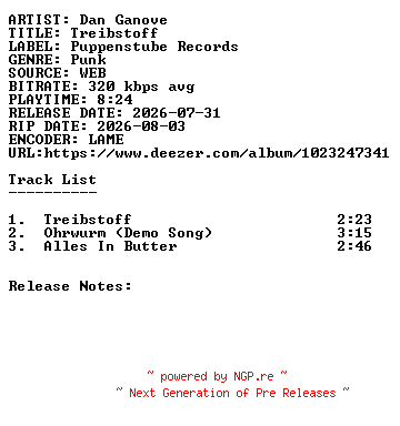NFO for the release Dan_Ganove-Treibstoff-WEB-DE-2026-SDR by SDR