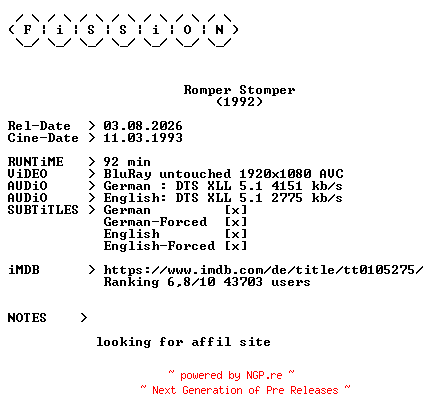 NFO for the release Romper.Stomper.1992.German.DL.1080p.BluRay.AVC-FiSSiON by FiSSiON