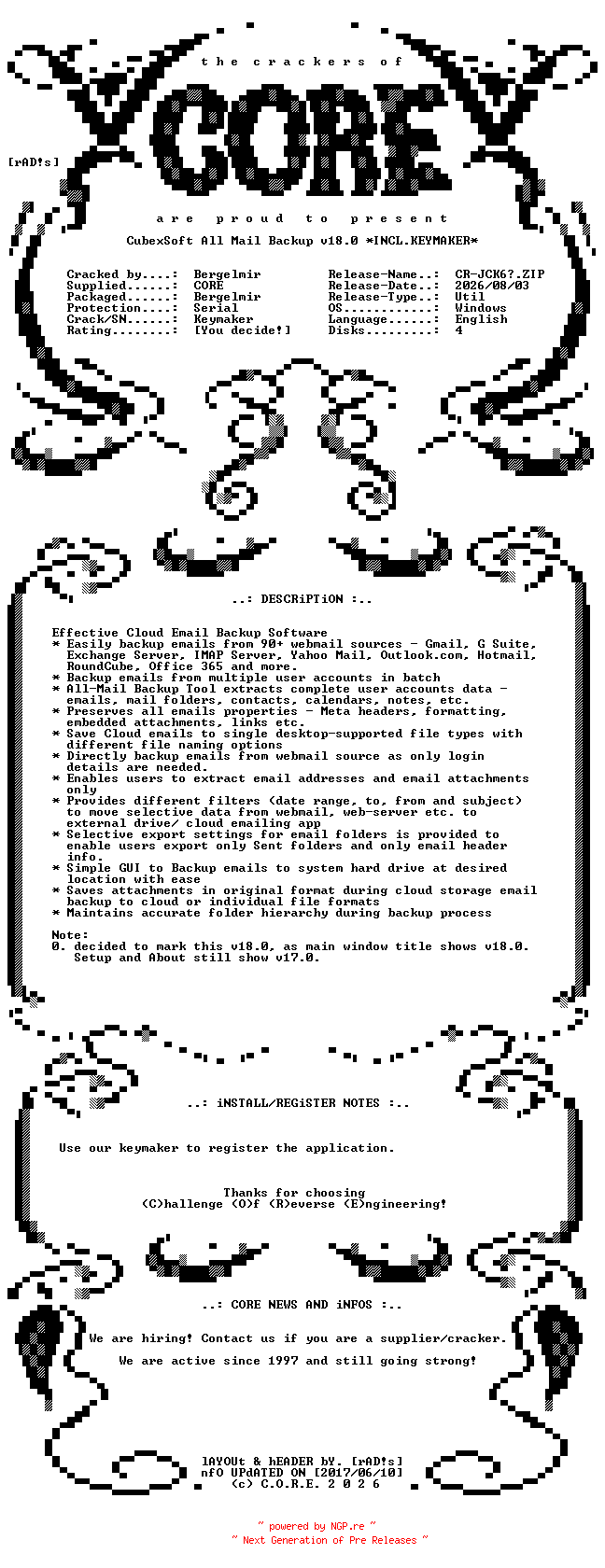 NFO for the release CubexSoft.All.Mail.Backup.v18.0.Incl.Keymaker-CORE by CORE