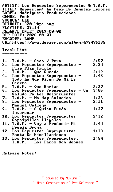 NFO for the release Los_Repuestos_Superpuestos_and_T.A.M.-Repuestam_Lo_Peor_De_Cometer_Errores-WEB-ES-2019-SDR by SDR