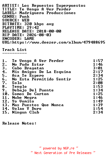 NFO for the release Los_Repuestos_Superpuestos-Te_Vengo_A_Ver_Perder-WEB-ES-2018-SDR by SDR