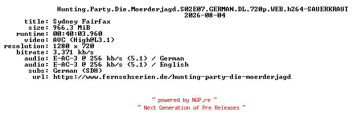 NFO for the release Hunting.Party.Die.Moerderjagd.S02E07.GERMAN.DL.720p.WEB.h264-SAUERKRAUT by SAUERKRAUT