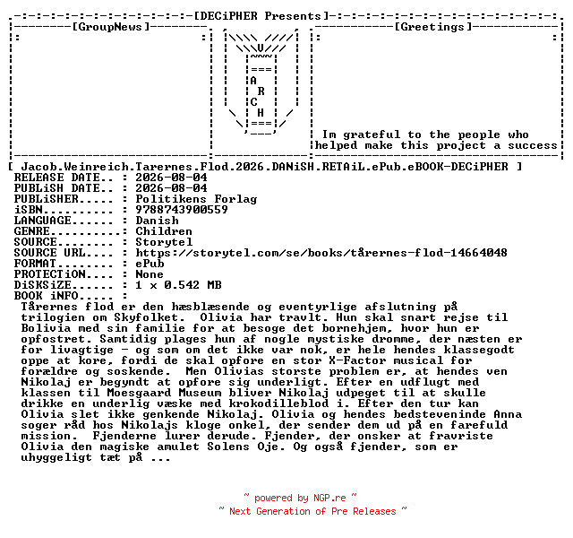 NFO for the release Jacob.Weinreich.Tarernes.Flod.2026.DANiSH.RETAiL.ePub.eBOOK-DECiPHER by DECiPHER