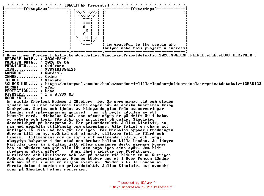 NFO for the release Anna.Ihren.Morden.I.Lilla.London.Julius.Sinclair.Privatdetektiv.2026.SWEDiSH.RETAiL.ePub.eBOOK-DECiPHER by DECiPHER