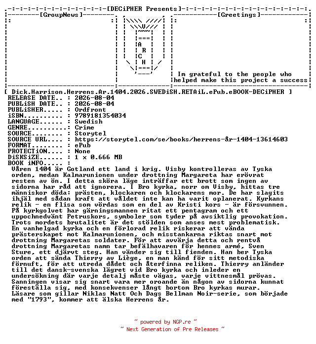 NFO for the release Dick.Harrison.Herrens.Ar.1404.2026.SWEDiSH.RETAiL.ePub.eBOOK-DECiPHER by DECiPHER