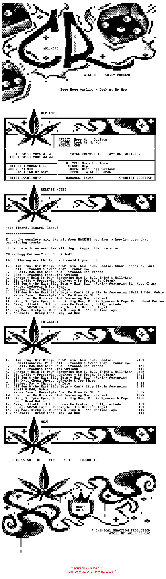 NFO for the release VA-Boss_Hogg_Outlawz-Look_At_Me_Now-Promo-CDR-2001-CR_INT by CR_INT