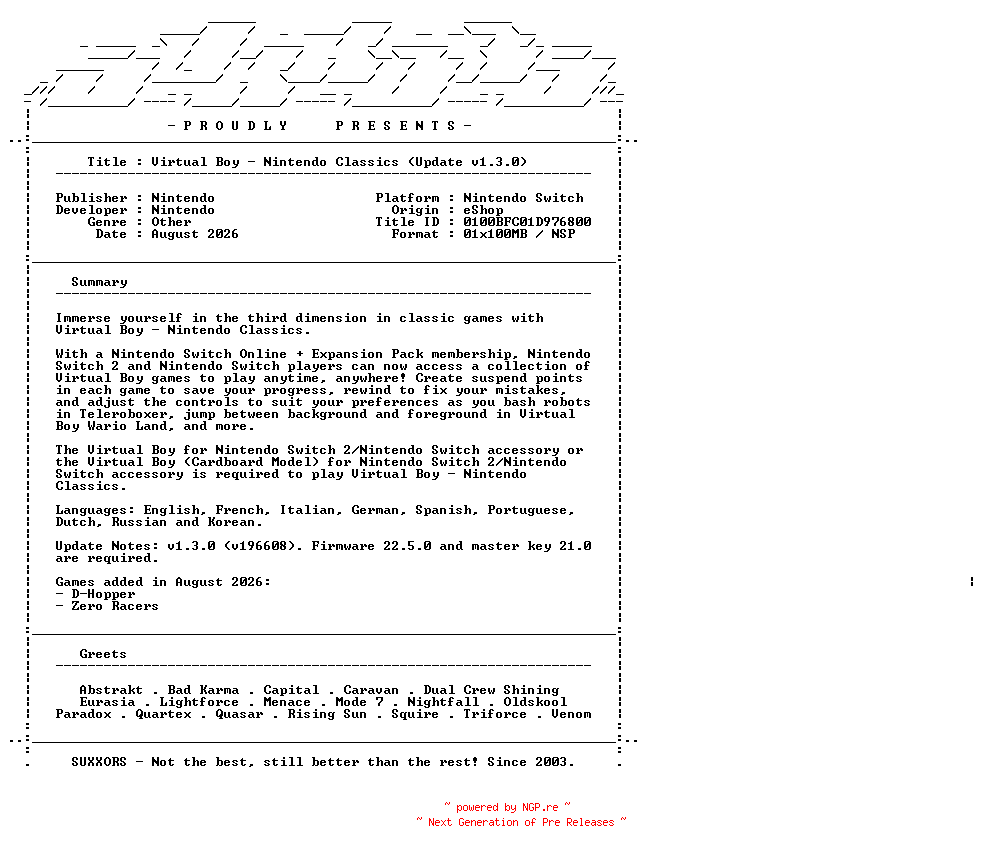 NFO for the release Virtual_Boy_Nintendo_Classics_Update_v1.3.0_NSW-SUXXORS by SUXXORS