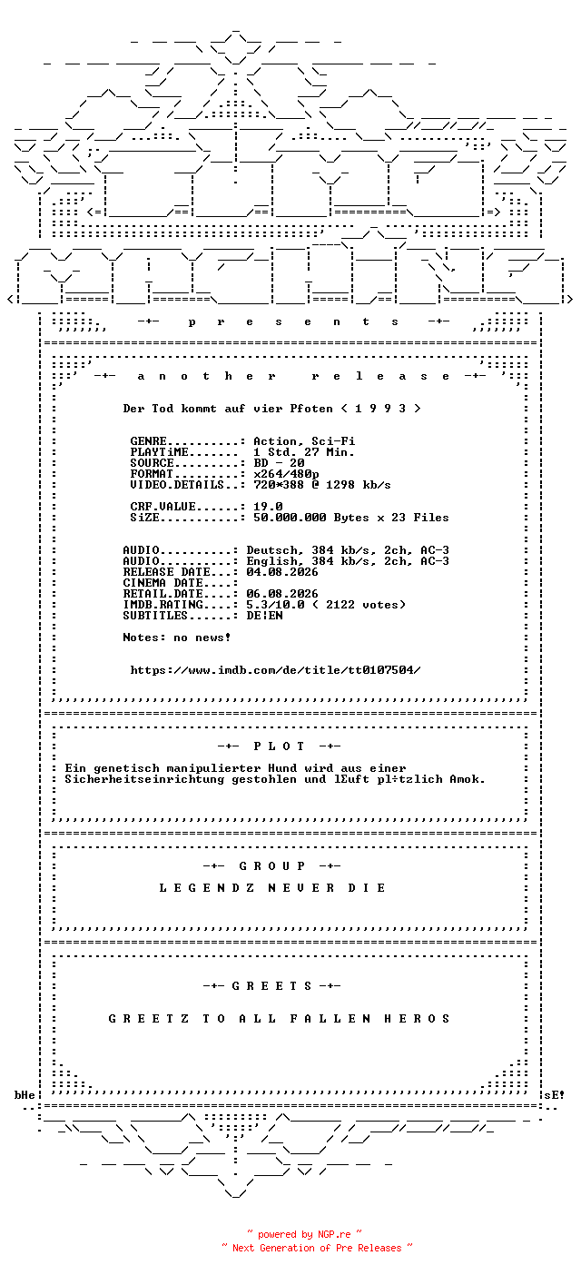 NFO for the release Der.Tod.kommt.auf.vier.Pfoten.German.1993.DL.AC3.BDRip.x264-TM by TM
