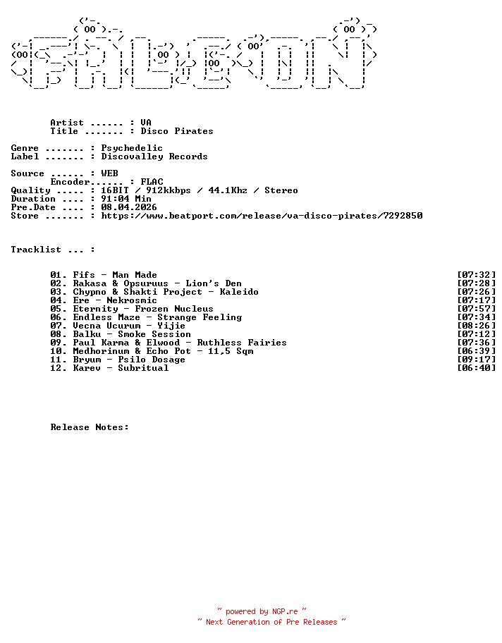 NFO for the release VA-Disco_Pirates-(DVR032)-16BIT-WEB-FLAC-2026-FALCON by FALCON