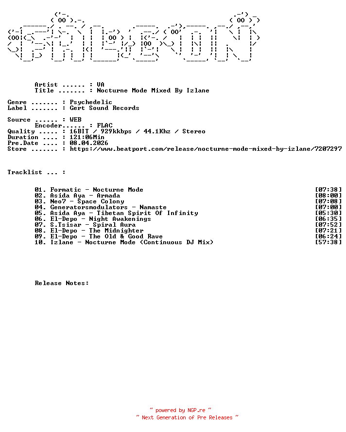 NFO for the release VA-Nocturne_Mode_Mixed_By_Izlane-(GSR261)-16BIT-WEB-FLAC-2026-FALCON by FALCON
