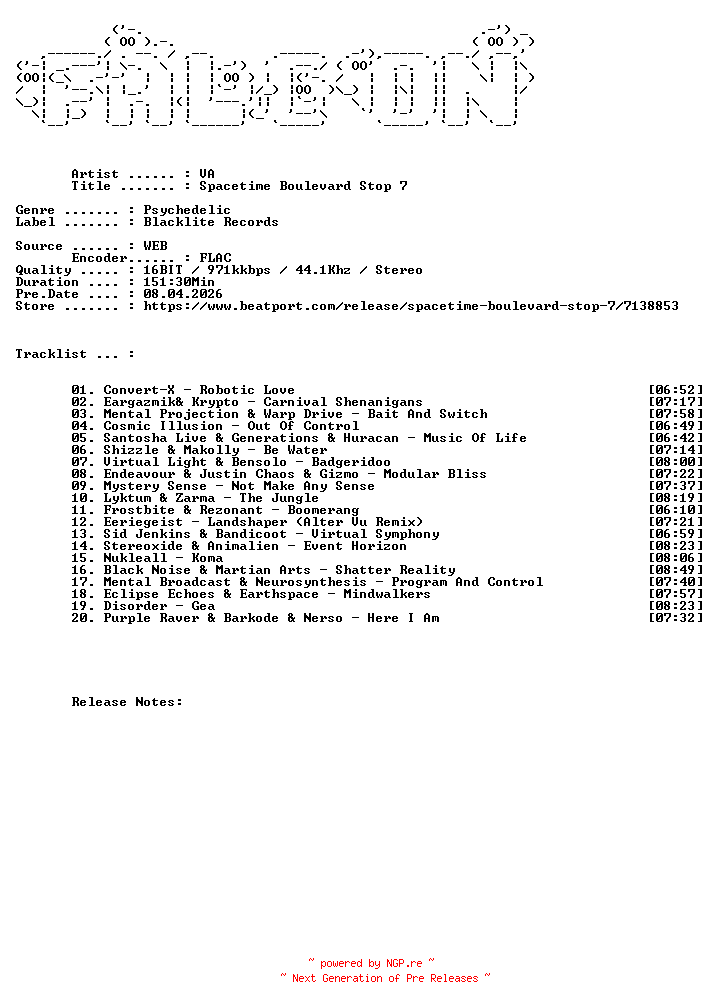 NFO for the release VA-Spacetime_Boulevard_Stop_7-16BIT-WEB-FLAC-2026-FALCON by FALCON