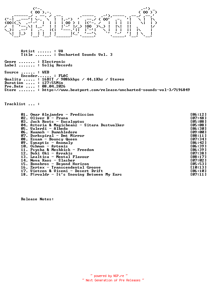 NFO for the release VA-Uncharted_Sounds_Vol._3-(SLQ043)-16BIT-WEB-FLAC-2026-FALCON by FALCON