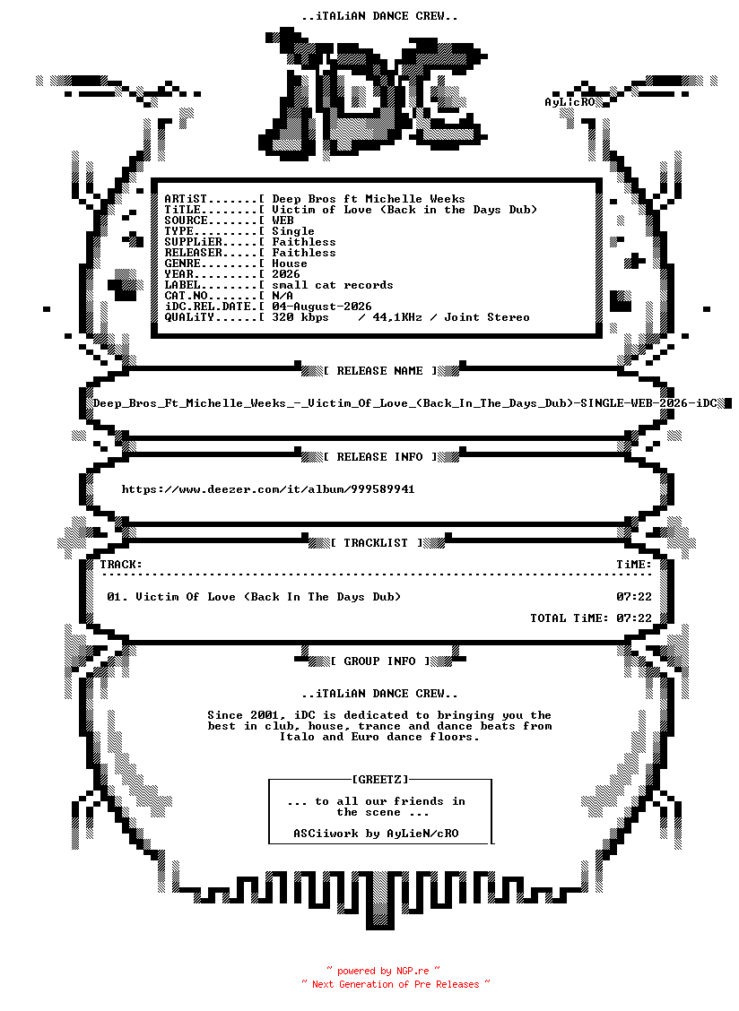 NFO for the release Deep_Bros_Ft_Michelle_Weeks_-_Victim_Of_Love_(Back_In_The_Days_Dub)-SINGLE-WEB-2026-iDC by iDC