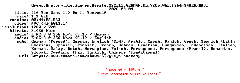NFO for the release Greys.Anatomy.Die.jungen.Aerzte.S22E11.GERMAN.DL.720p.WEB.h264-SAUERKRAUT by SAUERKRAUT