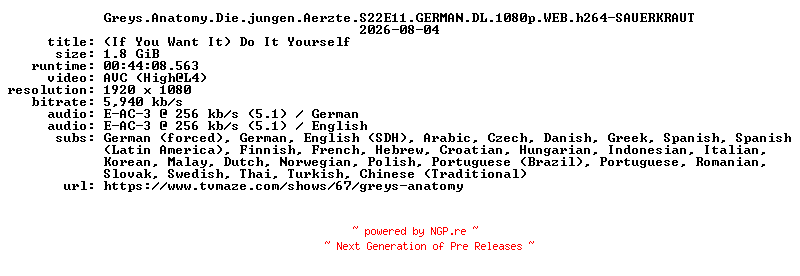 NFO for the release Greys.Anatomy.Die.jungen.Aerzte.S22E11.GERMAN.DL.1080p.WEB.h264-SAUERKRAUT by SAUERKRAUT