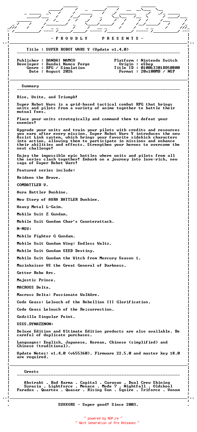 NFO for the release SUPER_ROBOT_WARS_Y_Update_v1.4.0_NSW-SUXXORS by SUXXORS