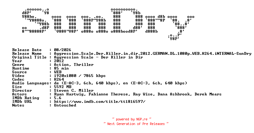 NFO for the release Aggression.Scale.Der.Killer.in.dir.2012.GERMAN.DL.1080p.WEB.H264.iNTERNAL-SunDry by SunDry