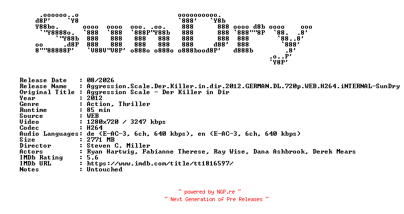 NFO for the release Aggression.Scale.Der.Killer.in.dir.2012.GERMAN.DL.720p.WEB.H264.iNTERNAL-SunDry by SunDry