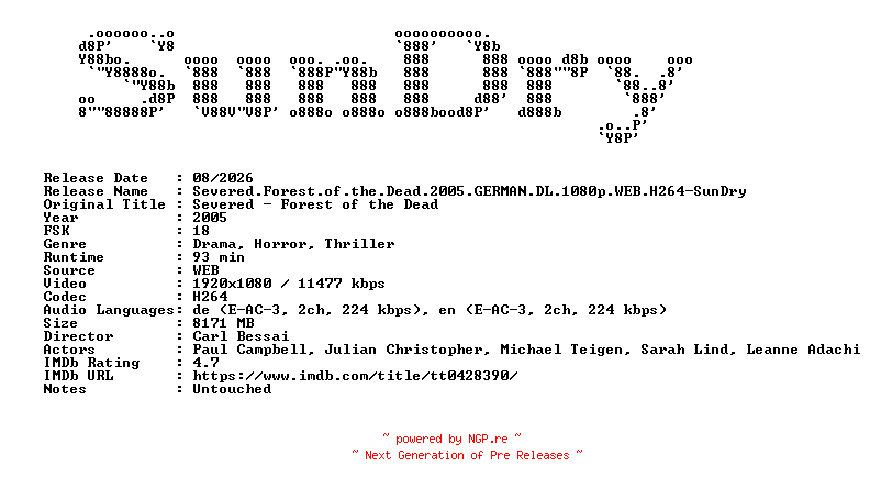 NFO for the release Severed.Forest.of.the.Dead.2005.GERMAN.DL.1080p.WEB.H264-SunDry by SunDry