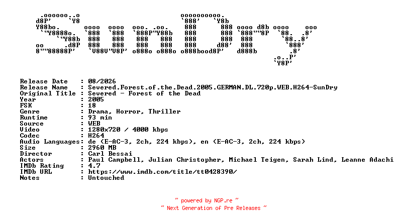 NFO for the release Severed.Forest.of.the.Dead.2005.GERMAN.DL.720p.WEB.H264-SunDry by SunDry
