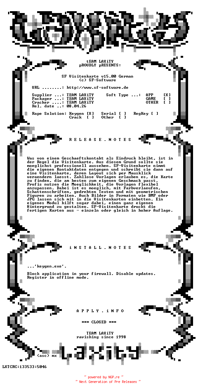 NFO for the release SF.Visitenkarte.v15.00.German.incl.Keygen-LAXiTY by LAXiTY