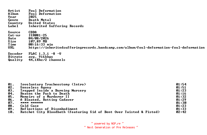 NFO for the release Foul_Deformation-Foul_Deformation-(ISR081-25)-CD-FLAC-2025-86D by 86D
