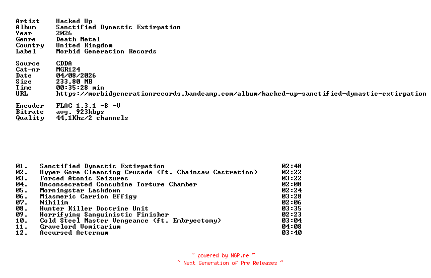 NFO for the release Hacked_Up-Sanctified_Dynastic_Extirpation-(MGR124)-CD-FLAC-2026-86D by 86D