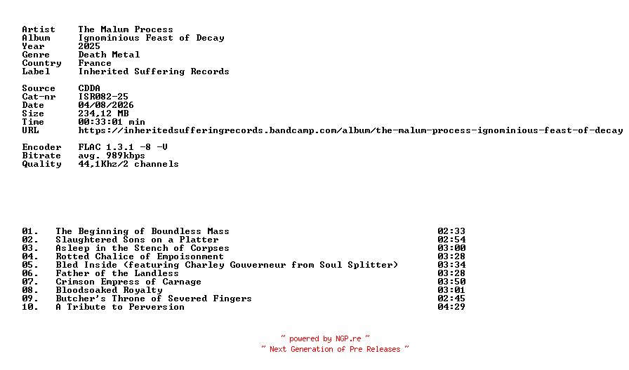 NFO for the release The_Malum_Process-Ignominious_Feast_of_Decay-(ISR082-25)-CD-FLAC-2025-86D by 86D
