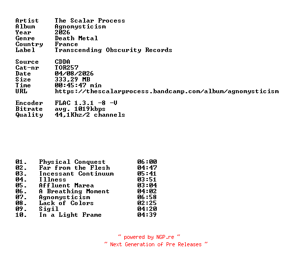 NFO for the release The_Scalar_Process-Agnomysticism-(TOR257)-CD-FLAC-2026-86D by 86D
