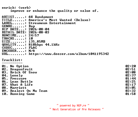 NFO for the release AK_Bandamont-Americas_Most_Wanted_(Deluxe)-16BIT-WEB-FLAC-2026-ENRiCH by ENRiCH