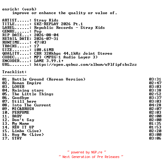 NFO for the release Stray_Kids-SKZ-REPLAY_2026_Pt.1-WEB-KR-2026-ENRiCH by ENRiCH
