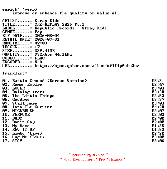 NFO for the release Stray_Kids-SKZ-REPLAY_2026_Pt.1-KR-16BIT-WEB-FLAC-2026-ENRiCH by ENRiCH