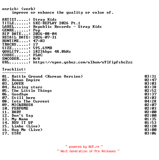 NFO for the release Stray_Kids-SKZ-REPLAY_2026_Pt.1-KR-24BIT-WEB-FLAC-2026-ENRiCH by ENRiCH