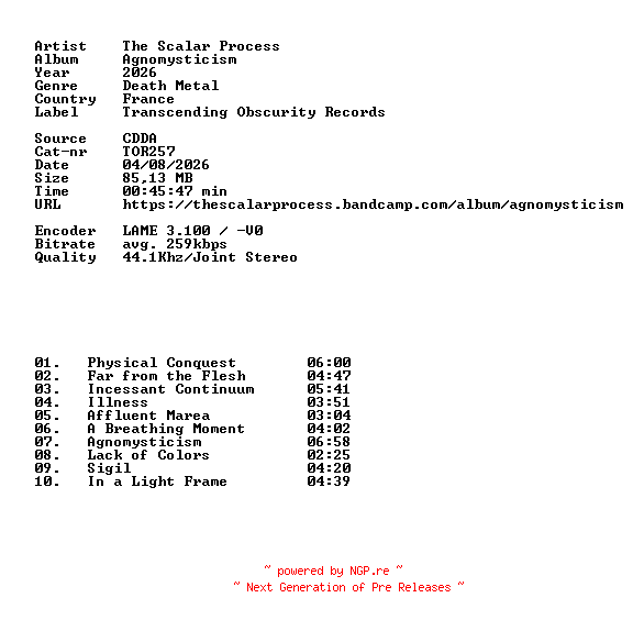 NFO for the release The_Scalar_Process-Agnomysticism-CD-2026-DiTCH by DiTCH