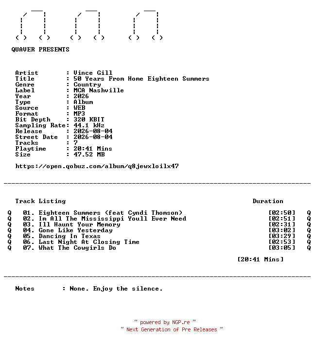 NFO for the release Vince_Gill-50_Years_From_Home_Eighteen_Summers-EP-WEB-2026-QUAVER by QUAVER