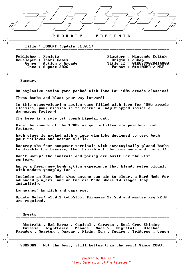 NFO for the release BOMCAT_Update_v1.0.1_NSW-SUXXORS by SUXXORS