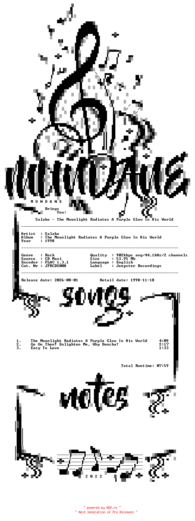NFO for the release Salako-The_Moonlight_Radiates_A_Purple_Glow_In_His_World-(JPRCDS008)-PROMO-CDM-FLAC-1998-MUNDANE by MUNDANE