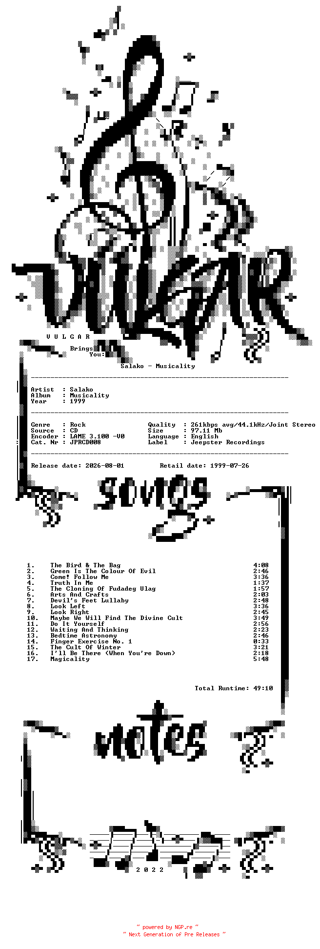 NFO for the release Salako-Musicality-(JPRCD008)-PROMO-CD-1999-VULGAR by VULGAR