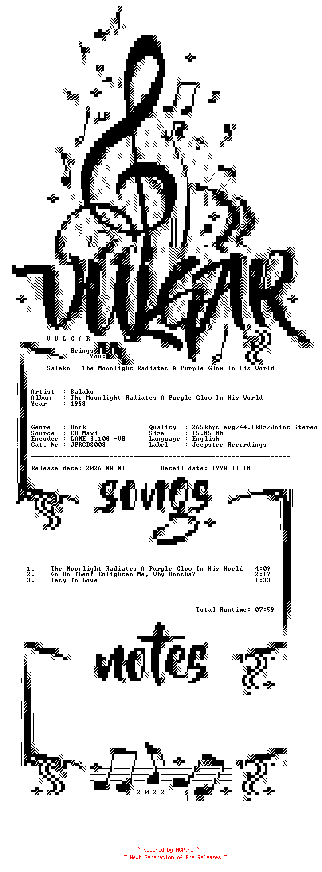NFO for the release Salako-The_Moonlight_Radiates_A_Purple_Glow_In_His_World-(JPRCDS008)-PROMO-CDM-1998-VULGAR by VULGAR
