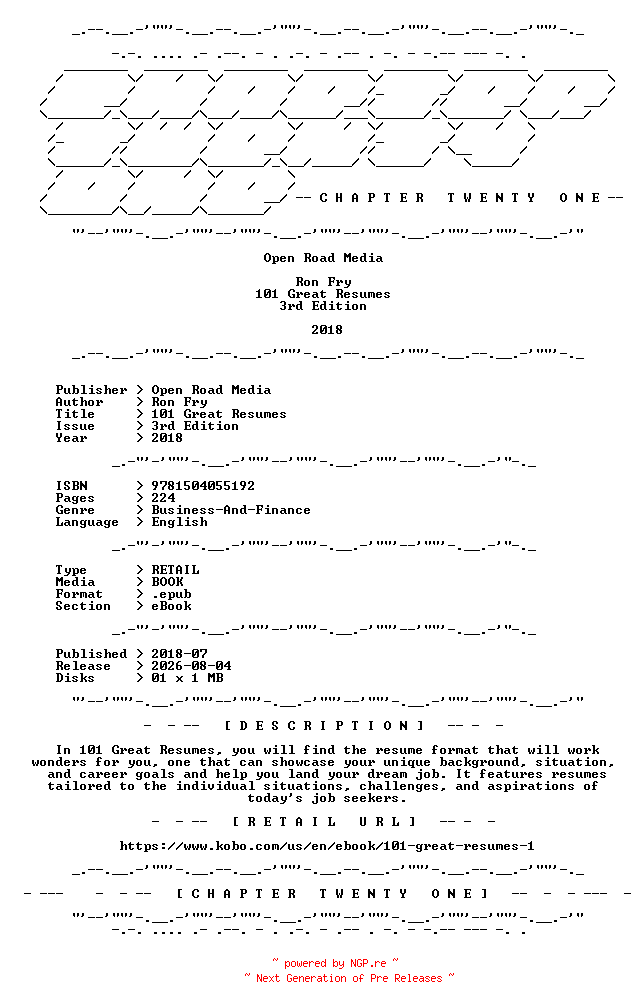 NFO for the release Ron.Fry.-.101.Great.Resumes.3rd.Edition.2018.RETAIL.EPUB.eBook-CTO by CTO
